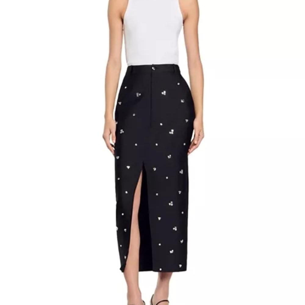 Sandro Interstellar Black Pencil Skirt with White Details